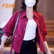 FSHE長(cháng)袖襯衫女短外套秋冬季新款 時(shí)尚減齡寬松蝙蝠袖開(kāi)衫上衣 紅色 M 90-100斤