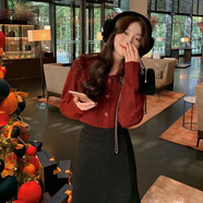 予瑾減齡娃娃領(lǐng)毛衣開(kāi)衫外套女冬季2024新款外穿百搭寬松套頭針織上衣 紅色 M 建議95-110斤