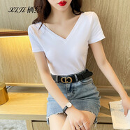棲紀 t恤女短袖夏季韓版雙v領(lǐng)露背修身顯瘦百搭打底上衣 白色 XL  建議(112-125斤)