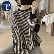 PMOG減齡女士衛(wèi)衣女外套女秋冬裝韓版寬松顯瘦套頭長(zhǎng)袖條紋上衣女 藏藍(lán)色-蝴蝶結(jié)衛(wèi)衣 M 建議80-100斤