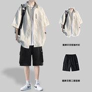 主意范（ZHUYIFAN）胖子超大碼休閑襯衫男士短袖夏季寬松大碼冰絲學生外套襯衣套裝 C351白色+短褲 L (170) 110-130斤