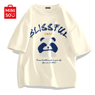 名創(chuàng  )優(yōu)品（MINISO）短袖t恤男夏季鹽系男友風(fēng)bf設計感小眾冰川藍色半袖精梳棉吸汗T恤 【100%純棉】淺米(大熊貓先森) XL 180 (不易起球掉色)