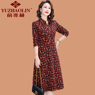 俞兆林（YUZHAOLIN）媽媽襯衫領連衣裙春秋裝時尚洋氣中老年女秋裝長袖中長款碎花裙子 紅色碎花 XL (參考90-105斤)