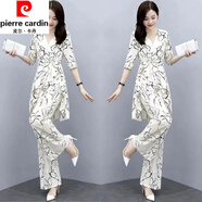 皮爾卡丹（pierre cardin）冰絲闊腿褲套裝女夏季新款減齡顯瘦氣質(zhì)印花時(shí)尚洋氣休閑兩件裝 白色花套裝 L【建議100-115斤】