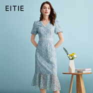 愛(ài)特愛(ài)（EITIE）浪漫印花V領(lǐng)收腰魚(yú)尾蕾絲修身連衣裙夏季新款仙氣裙B2407334 晴空藍33 XL 170