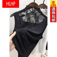 【特價(jià)撿漏】高領(lǐng)蕾絲吊帶背心女無(wú)袖內搭網(wǎng)紗打底衫外穿薄款白色木耳上衣 雅典黑 M