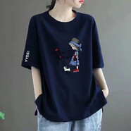 珞達達純棉短袖t恤女2025夏季女裝新款韓版寬松休閑體恤女上衣打底衫 藏藍色英文小女孩 XL 建議110-120斤