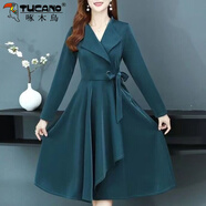 啄木鳥品牌女裝風衣女中長款2025年秋季新款時尚韓版過膝連衣裙流行秋冬 墨綠色 4XL 135-145斤