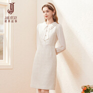 經(jīng)典故事（JANE STORY）2024新款名媛小香風(fēng)連衣裙女秋季氣質(zhì)復(fù)古法式雪紡假兩件呢子裙 U03杏色 L