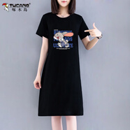 啄木鳥(niǎo)2025夏季新款短袖T恤裙女韓版寬松休閑大d碼連衣裙時(shí)尚減齡中長(cháng)裙 黑色【英文小灰兔】 5XL 建議181-200斤