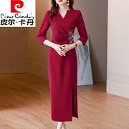 皮爾卡丹結婚媽禮服喜婆婆婚宴裝平時(shí)可穿高貴晚裝女參加婚禮紅色連衣裙 酒紅色 2XL