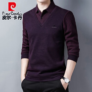 皮爾卡丹襯衫領(lǐng)假兩件套男春秋季長袖t恤加絨毛衣假領(lǐng)針織衫上衣條紋 T9832紫紅(常規(guī)) 190/4XL 推薦體重180斤-200斤