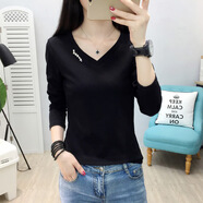 小白t2024春秋新款95棉長(cháng)袖女小T恤丅i恤 黑色 M