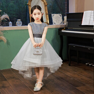 乖奇奇女童禮服高端公主裙小孩童裝婚紗花童洋氣兒童鋼琴演奏演出服夏季 銀灰色01無袖DC 110cm(體重在28-35斤)