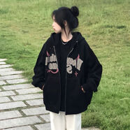 悸囈女童美式中大童衛(wèi)衣女ins春秋新款oversize寬松慵懶風連帽外套潮 黑色春秋款 150cm