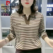 皮爾卡丹2025春秋季新款條紋長袖T恤女翻領(lǐng)上衣顯瘦減齡打底衫 咖啡色 2XL 125-135斤