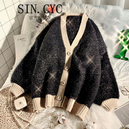 SIN.CYC女裝 針織衫女 開衫秋冬裝女士加厚毛衣慵懶風(fēng)時(shí)尚寬松外套女 黑色 均碼
