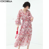 COCOBELLA度假風(fēng)玫瑰花苞腰繩印花雪紡連衣裙吊帶裙兩件套FR176-2 玫瑰色 S