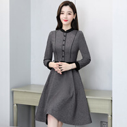 筱韓舒高端品牌連衣裙女秋冬季新款韓版洋氣貴婦人長(zhǎng)袖中長(zhǎng)款毛呢裙子潮 灰色 M