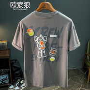 歐索狼（OUSUOLANG）夏季薄款短袖t恤男裝2025年新款潮牌ins潮流T恤公仔印花百搭上衣 灰色 M （95-108斤）
