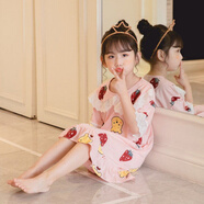 喜茸兒童睡裙短袖卡通純色棉2-14歲小孩子穿的夏季中大童小女孩家居服親子可外穿公主裙 hh短裙翻草莓熊 發(fā)帶 16碼身高125-135【65斤內