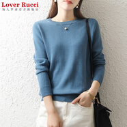 LOVER RUCCI100%純棉線(xiàn)針織衫女2025新款秋冬內搭寬松套頭毛衣圓領(lǐng)長(cháng)袖打底衫 霧霾藍 L 不縮水不變形