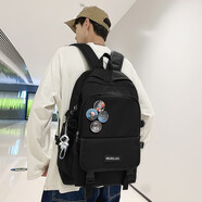 叢林鳥 潮流雙肩包男士大容量旅行背包休閑初中生高中大學(xué)生書包女時(shí)尚百搭 黑色【太空人+隨機(jī)4個(gè)徽章】