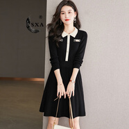 SXA香港潮牌長(cháng)袖針織連衣裙女2024秋冬新款小個(gè)子撞色拼接打底A字裙 黑色 L