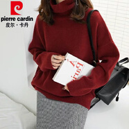 皮爾卡丹（pierre cardin）2024年新款重磅歐美高領(lǐng)羊絨衫女加厚毛衣寬松套頭慵懶風(fēng)針織打底 酒紅色 S