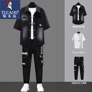啄木鳥（TUCANO）牛仔短袖t恤男士休閑套裝夏季新款潮流衣服男裝痞帥氣搭配三件套 108黑外衣+短袖純棉白T+K02黑褲 XL 120-140斤