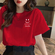 索凱特純棉紅色短袖t恤女2025新款本命年衣服寬松蛇年年會(huì)學(xué)生團(tuán)建半袖 紅色 笑臉smile L適合115-130斤