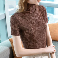 苜戈高領(lǐng)打底衫女春款女裝2022年新款修身微透花型衫內搭短袖上衣 咖啡色 L