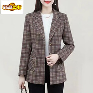 初徑媽媽秋裝外套洋氣40歲50中年女時(shí)尚小西裝中老年女裝春秋西服上衣 咖格 5XL 【建議143-160斤】