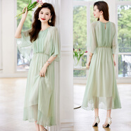 清雅若蘭夏季氣質(zhì)優(yōu)雅飄逸百搭時(shí)尚顯瘦真絲連衣裙桑蠶絲中長(cháng)款過(guò)膝連衣裙 白色 M