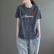 歐洛黛純棉短袖t恤女寬松2025夏季韓版顯瘦圓領(lǐng)半袖休閑時(shí)尚體恤女上衣 灰色（A玫瑰） 2XL