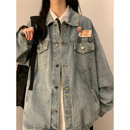 QGF美式復古牛仔外套女春秋季開(kāi)衫寬松長(cháng)袖上衣小眾chic翻領(lǐng)休閑夾克 淺藍色 M