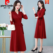 皮爾卡丹品牌高檔女裝 酒紅色長袖西裝連衣裙女春秋2022年新款早秋時尚氣質(zhì)中年收腰裙子針織 酒紅色 M 80-105斤