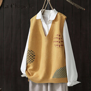 拉夏貝爾（La Chapelle）品牌折扣針織馬夾v領(lǐng)背心女秋冬寬松休閑外穿羊毛衫坎肩馬甲毛衣 純100自動(dòng)發(fā)熱黃色 單件馬甲 純100自動(dòng)發(fā)熱L 建議110-120斤