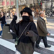 喜圣多加絨加厚毛衣女高領(lǐng)毛衣女學(xué)生洋氣秋冬短款寬松慵懶 黑色加厚 加絨 S建議80-95斤