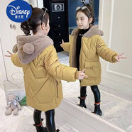 迪士尼冬季新款女童羽絨棉服韓版中大童女寶加厚加絨洋氣保暖外套棉襖 黃色 130 建議身高120厘米左右