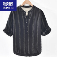 羅蒙（ROMON）夏季男裝亞麻料短袖T恤休閑寬松五分半袖中袖T恤復古棉麻布上衣服 1726黑色 3XL