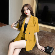 宜惜綺  小西裝女夏季短褲兩件套套裝2023新款顯瘦短袖西服女士職業(yè)夏裝 黃色 S