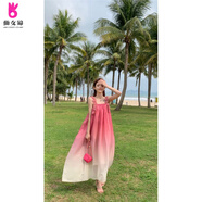緣夢韻海邊度假風穿搭多巴胺連衣裙沙灘裙子女夏季粉色漸變吊帶海邊長裙 漸變粉色 均碼