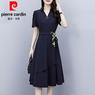 皮爾卡丹（pierre cardin）40一50歲名媛氣質(zhì)連衣裙中年媽l媽夏裝遮肚子顯瘦氣質(zhì)女人裙子針 藏青色 2XL
