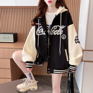 MXQP棒球服外套女2025春秋冬新款學(xué)生韓版寬松慵懶風(fēng)加絨衛(wèi)衣開衫上衣 黑色 L 【110-130斤】