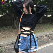 山森南獅港風(fēng)黑色高腰短款長(cháng)袖爵士舞T恤女jazz舞蹈露臍上衣收腰綁帶 黑色 S