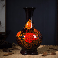 領(lǐng)格 景德鎮陶瓷器紅牡丹花瓶 水晶釉花開(kāi)富貴花瓶客廳家居裝飾品擺件禮物 現代時(shí)尚擺設工藝品婚慶 黑賞瓶 高約36寬20cm