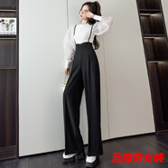 沐悠羽2023夏季新款韓版高腰收腹闊腿背帶褲女直筒褲洋氣百搭吊帶褲 黑色 S