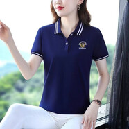 翻領(lǐng)t恤女短袖2024夏季新款時(shí)尚刺繡薄款上衣寬松氣質(zhì)淑女polo衫T 075寶藍(lán)色 L