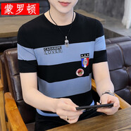 蒙羅頓  2025新款刺繡冰絲T恤上衣薄款條紋針織體恤潮流男短袖冰感t恤 寶藍色 M